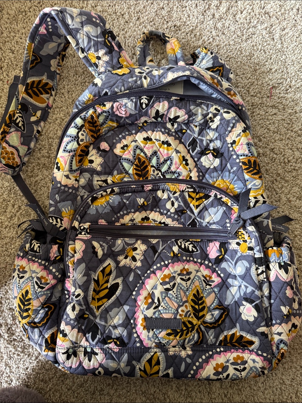 Vera Bradley Quilted Floral Backpack in Gray, Yellow & Pink